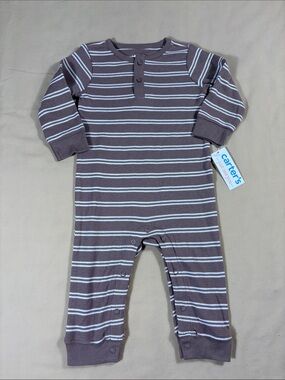 Carters Baby Boys Striped Henley Romper Size 9M Brown Waffle Knit Jumpsuit NWT